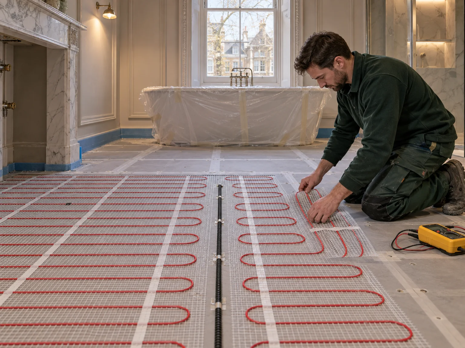 Electrician installing electric underfloor heating mat in a Kensington bathroom