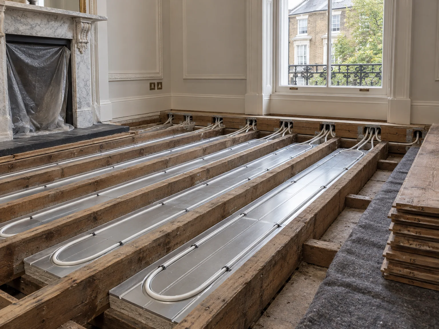 White heating pipe installed in aluminium plates between timber joists