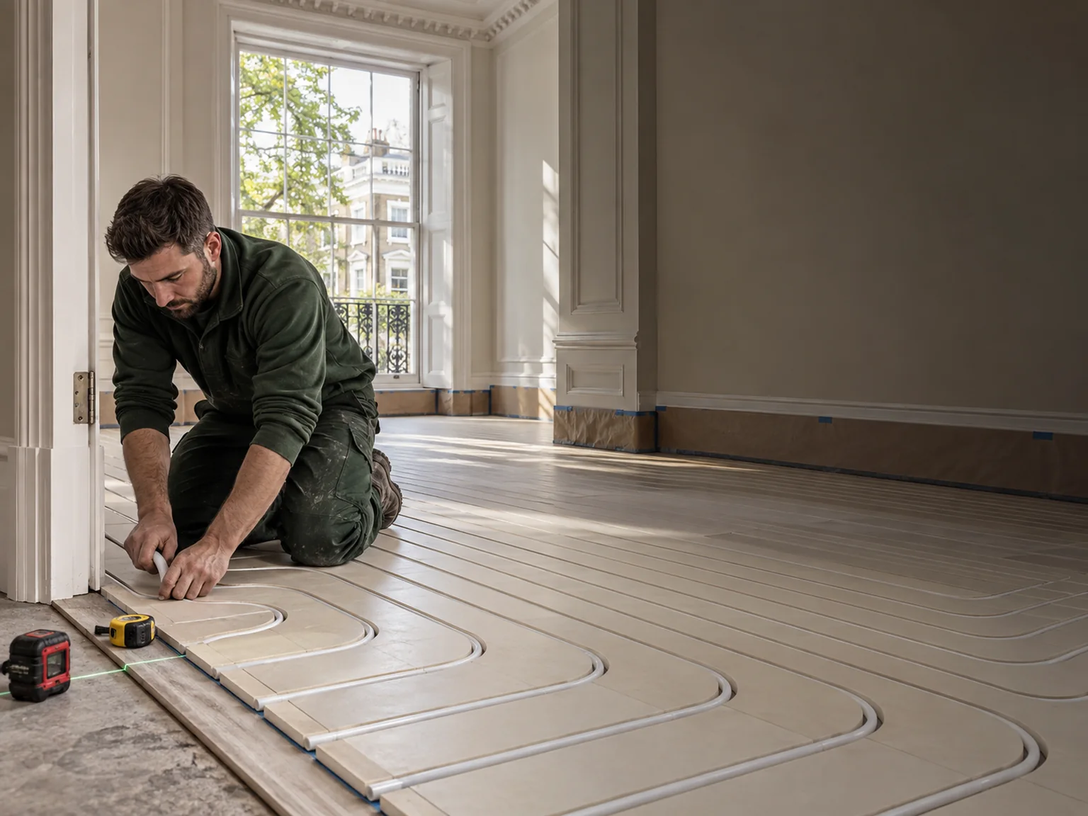 Installer fitting white low-profile heating pipe beside a doorway threshold