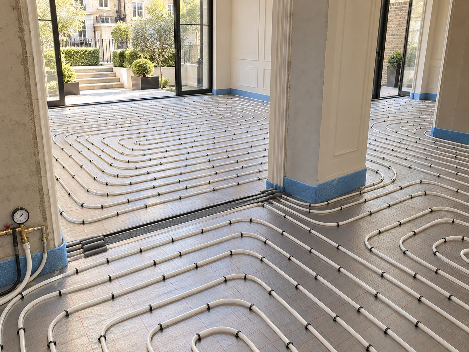 White hydronic underfloor heating pipes clipped to insulation before screed