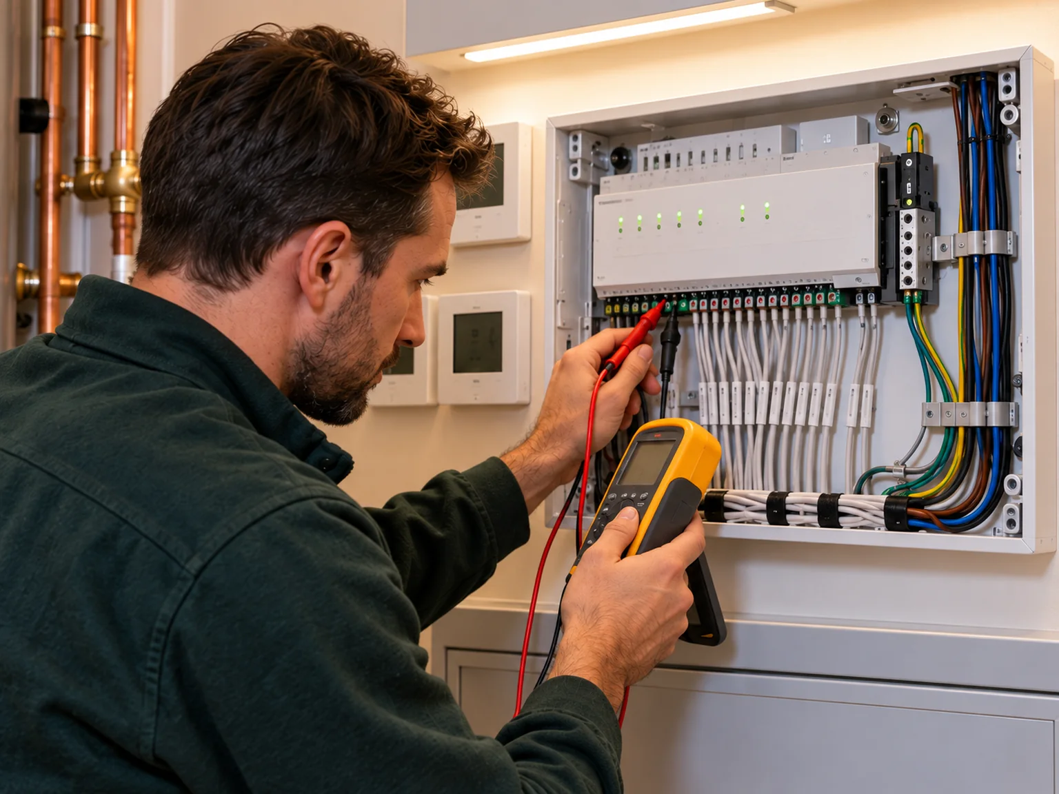 Electrician testing an underfloor heating wiring centre with a yellow meter