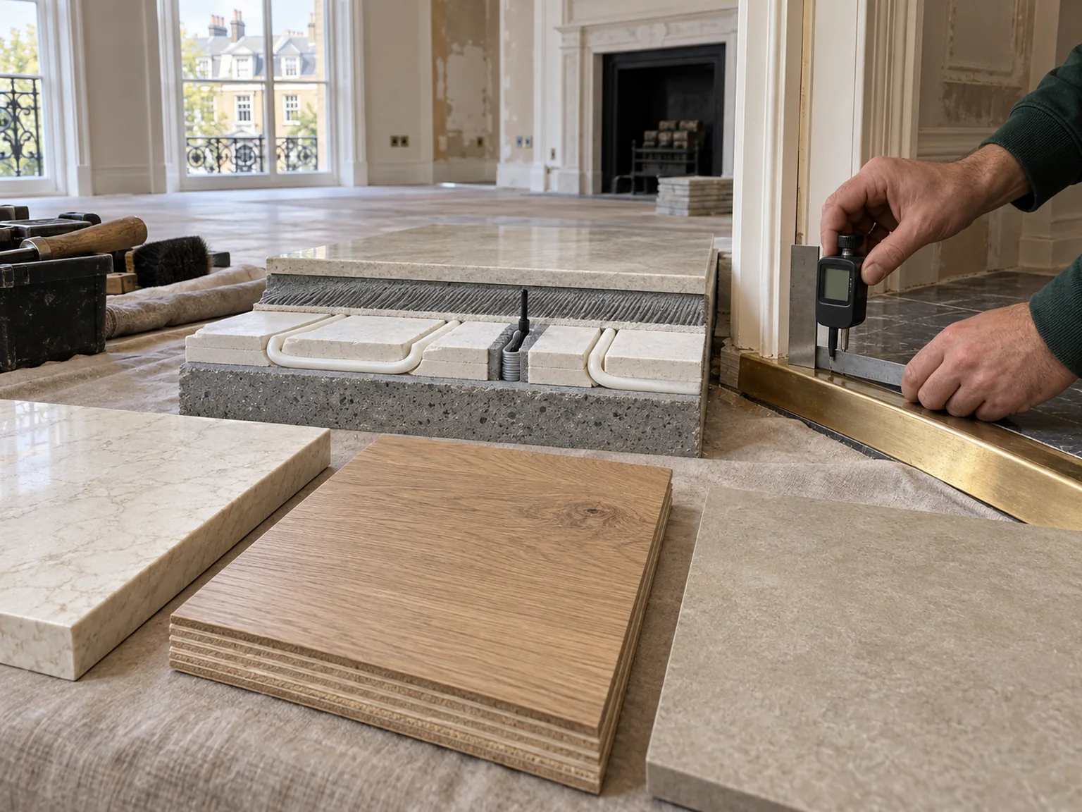 Oak, marble and porcelain assessed against an underfloor heating build-up