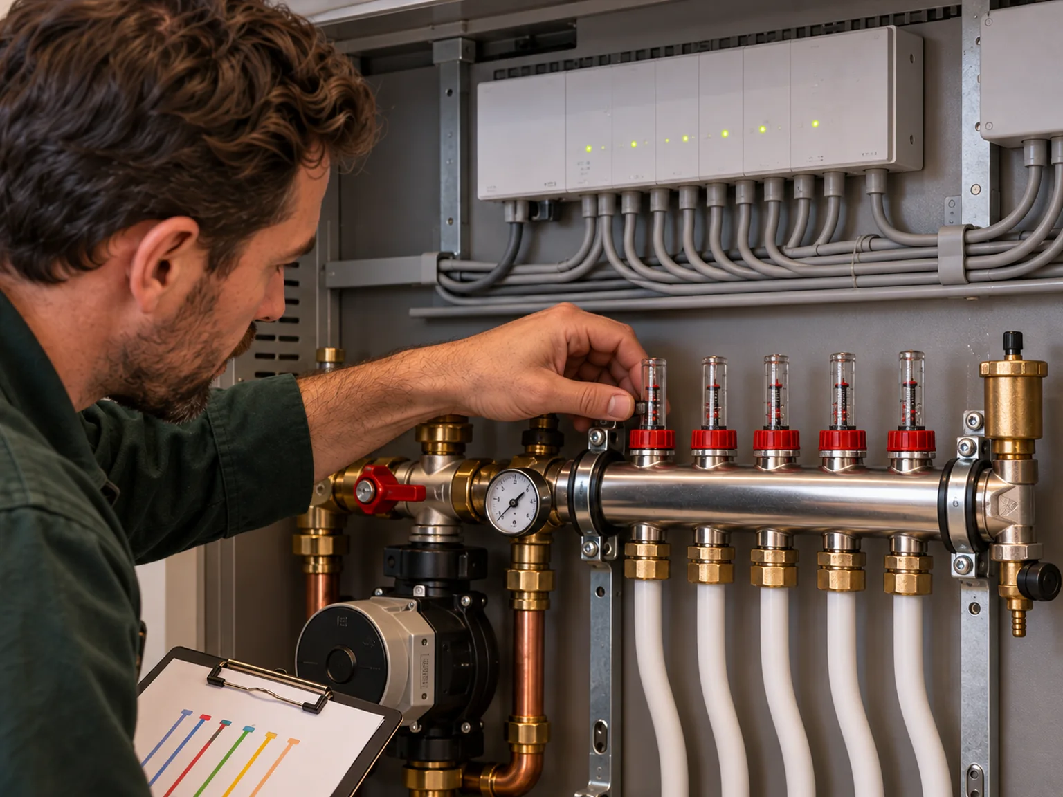 Engineer balancing an underfloor heating manifold