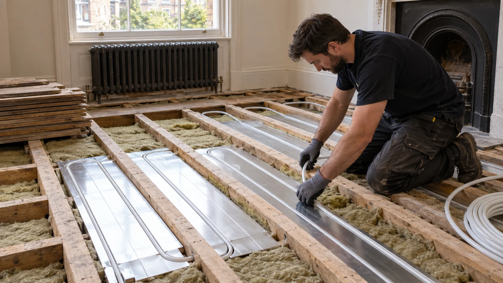 Heating engineer installing insulated aluminium heat-spreader plates and water pipe between timber floor joists
