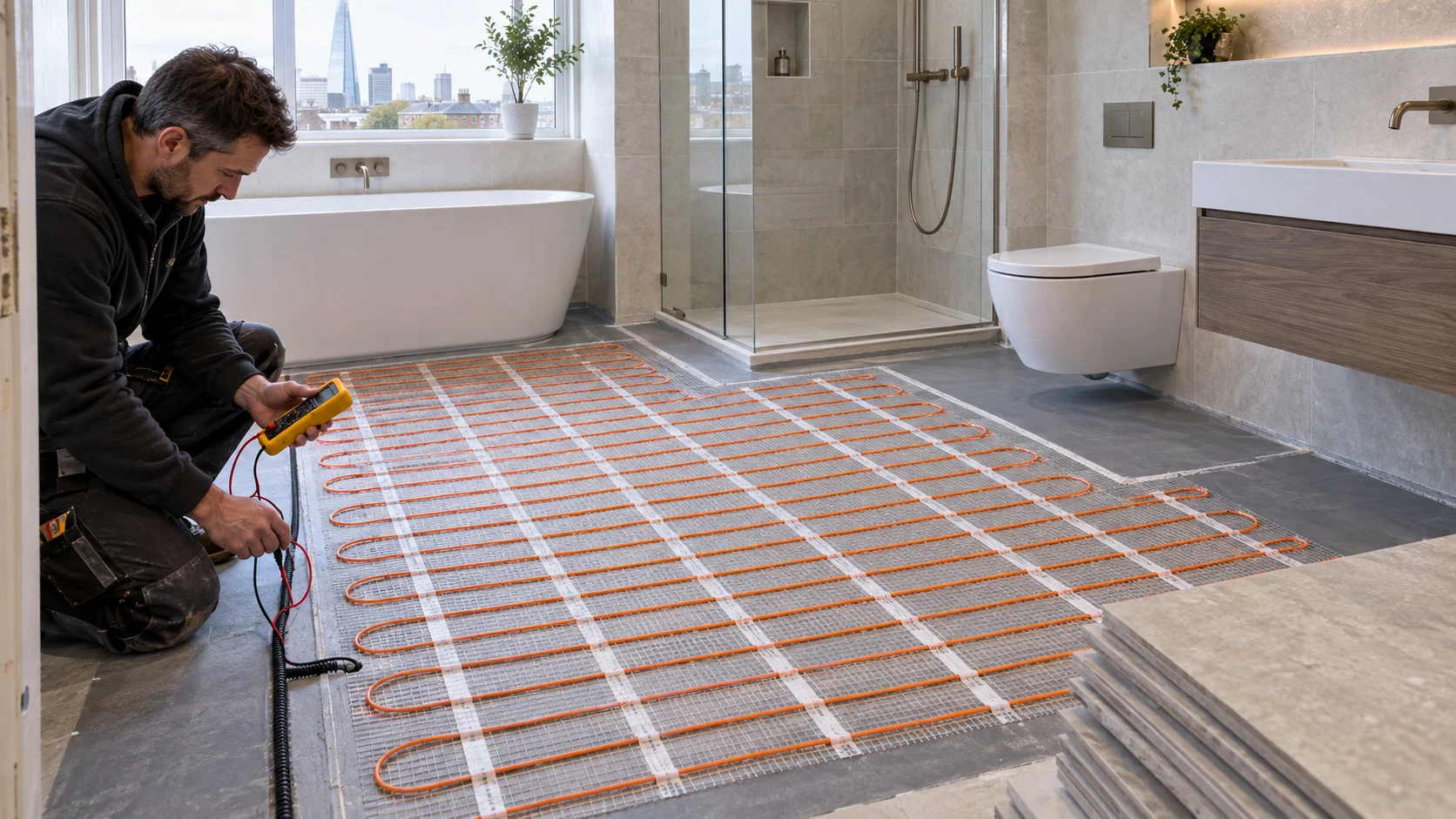 Engineer testing an electric underfloor heating mat with a yellow professional multimeter before bathroom tiling