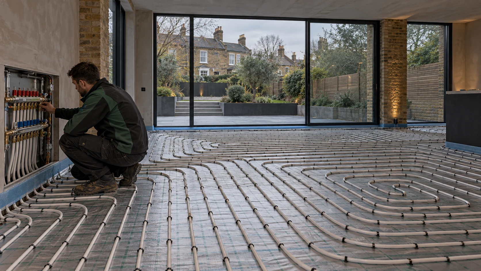 Heating engineer commissioning the manifold beside a complete screed underfloor heating pipe layout in a London extension