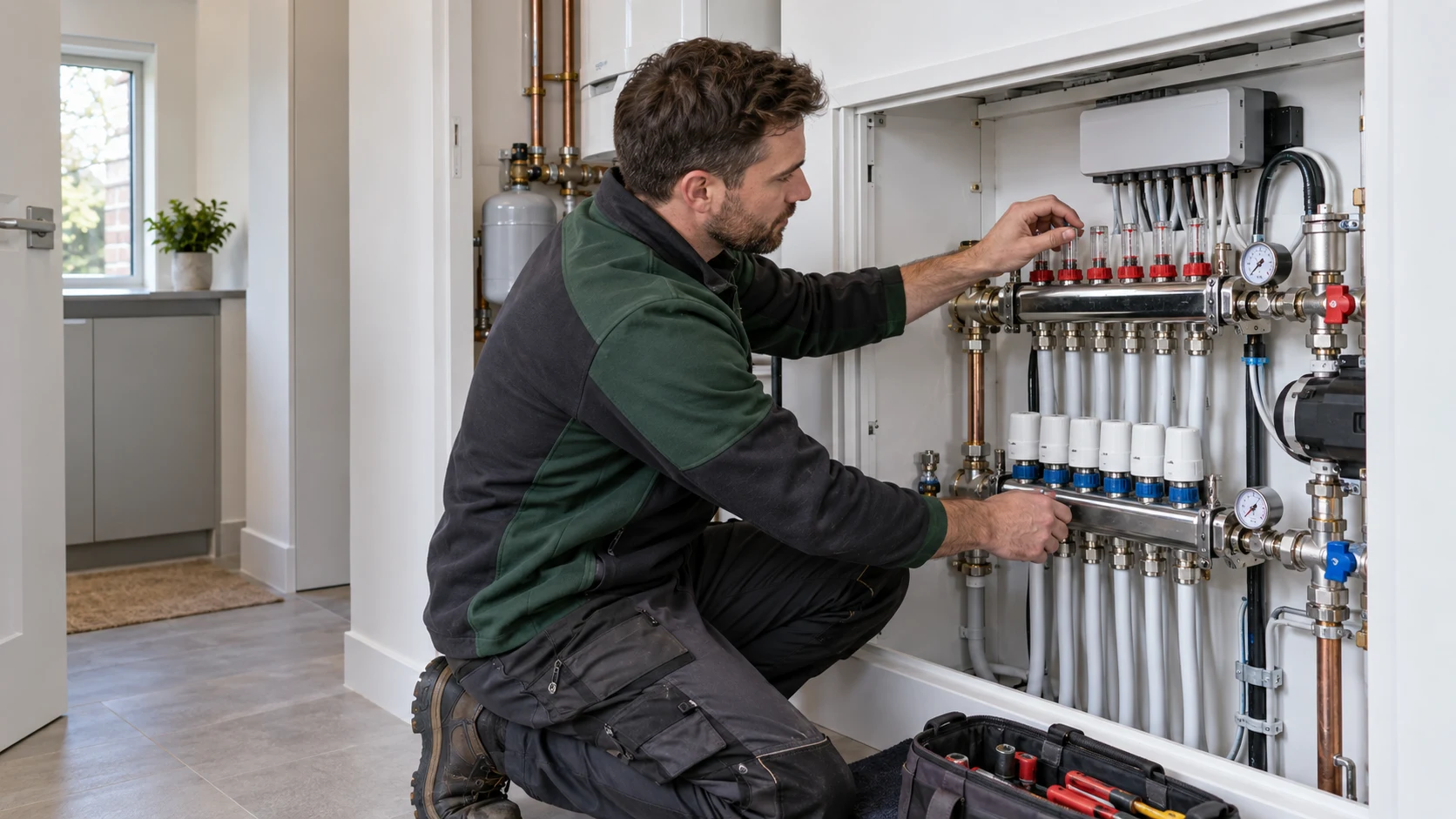 Heating engineer balancing the flow meters and actuators on an accessible underfloor heating manifold
