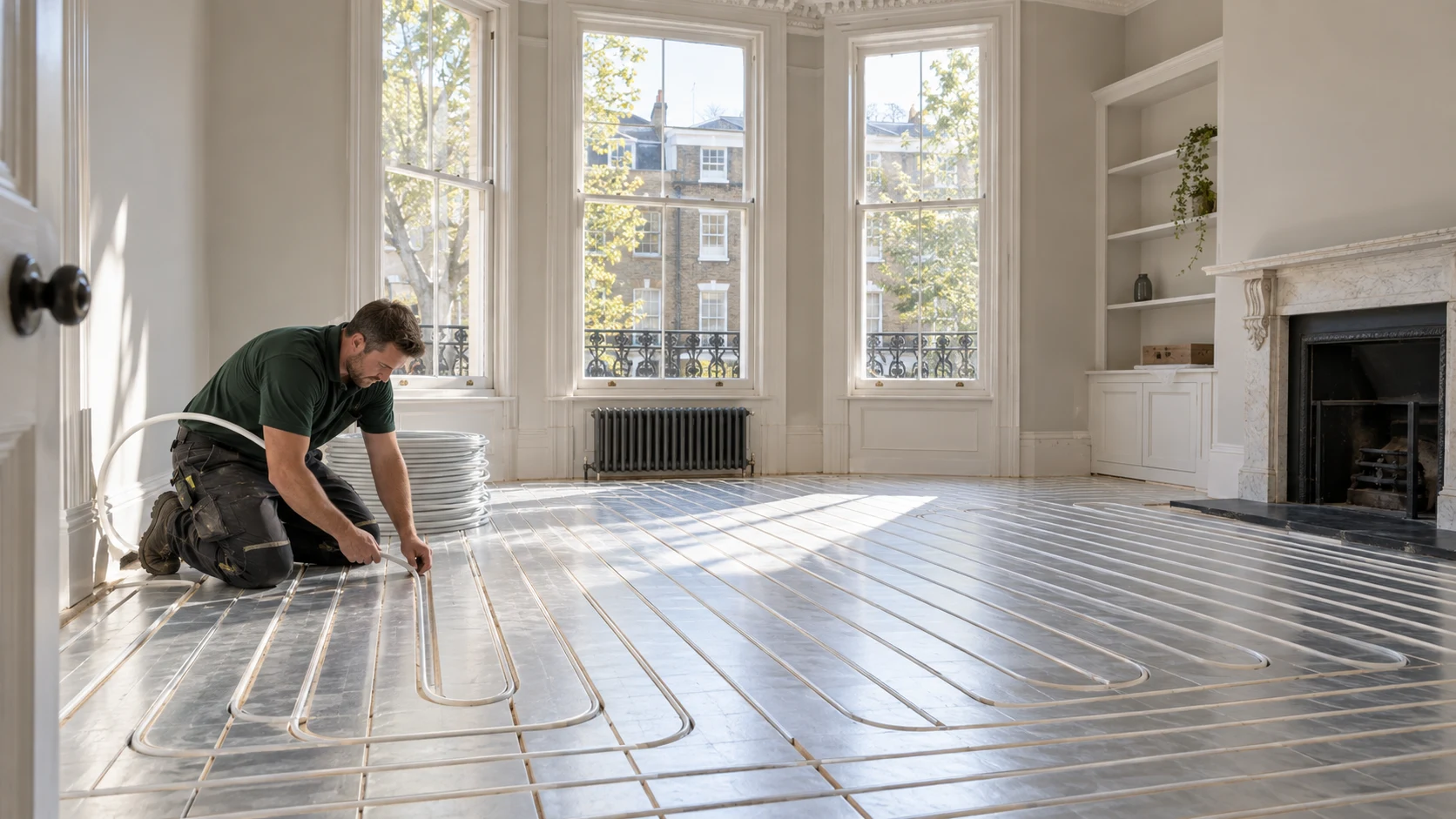 Heating engineer installing pipe into low-profile aluminium-faced underfloor heating panels in a London townhouse
