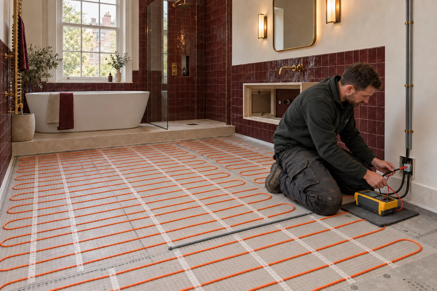 Electric underfloor heating and floor sensor being tested in a Maida Vale bathroom