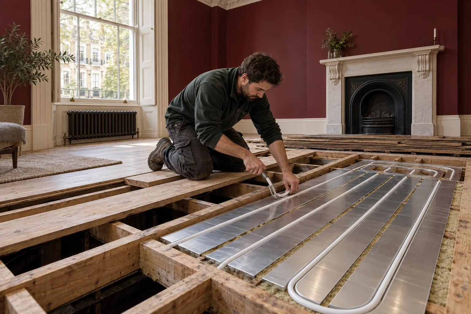 White underfloor heating pipe fitted into aluminium spreader plates between timber joists in Maida Vale