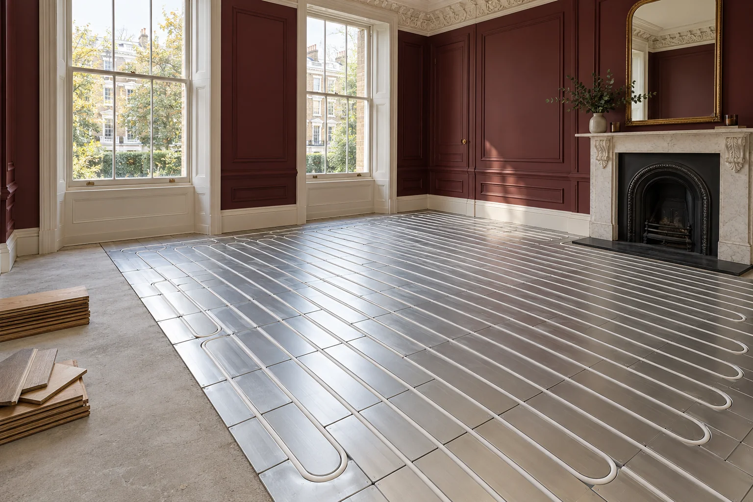 White pipe installed in low-profile underfloor heating panels for a Maida Vale refurbishment
