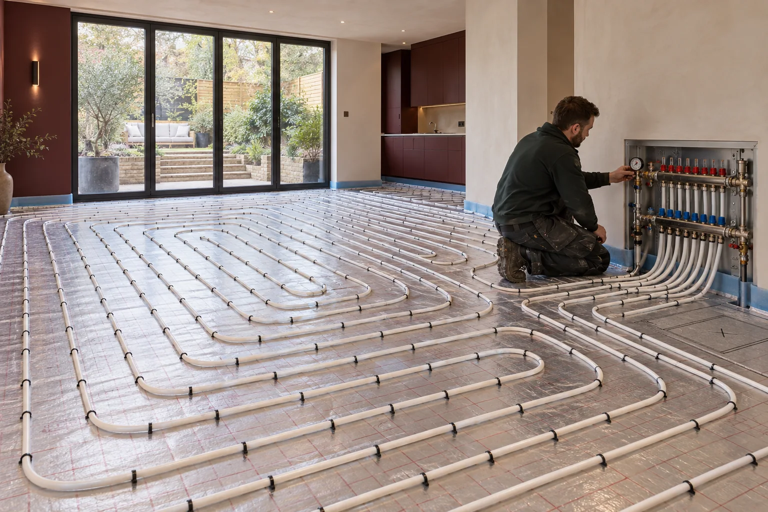 Water-based underfloor heating pipe connected to a manifold before screeding in Maida Vale