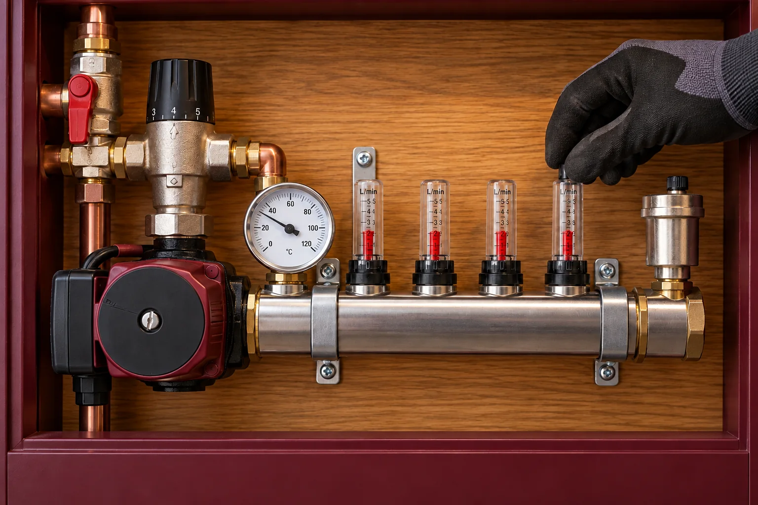 PEP engineer commissioning a complete underfloor heating manifold and controls in Maida Vale