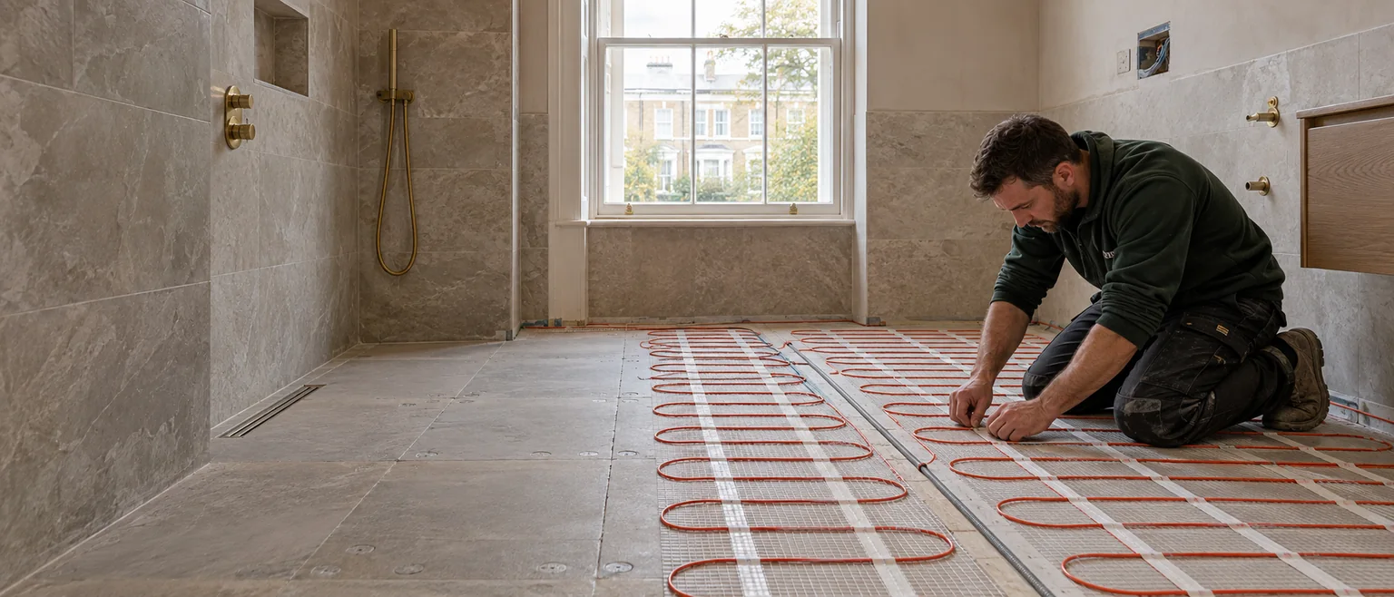Electric underfloor heating being installed in a tiled Notting Hill bathroom