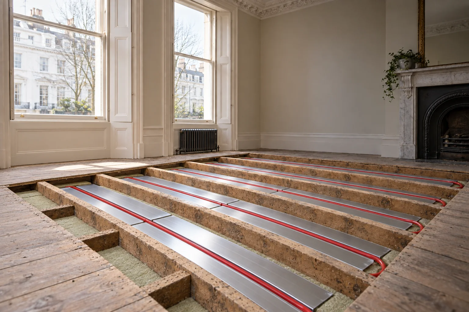 Insulated timber joists with aluminium spreader plates and water underfloor heating pipes