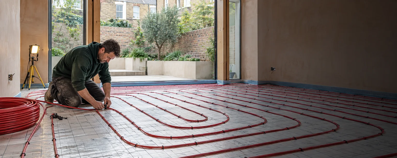 Water underfloor heating pipework installed across an insulated screed floor in a Notting Hill extension