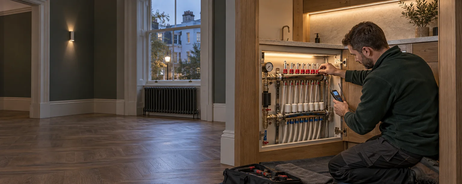 Heating engineer commissioning an underfloor heating manifold in a completed Notting Hill interior