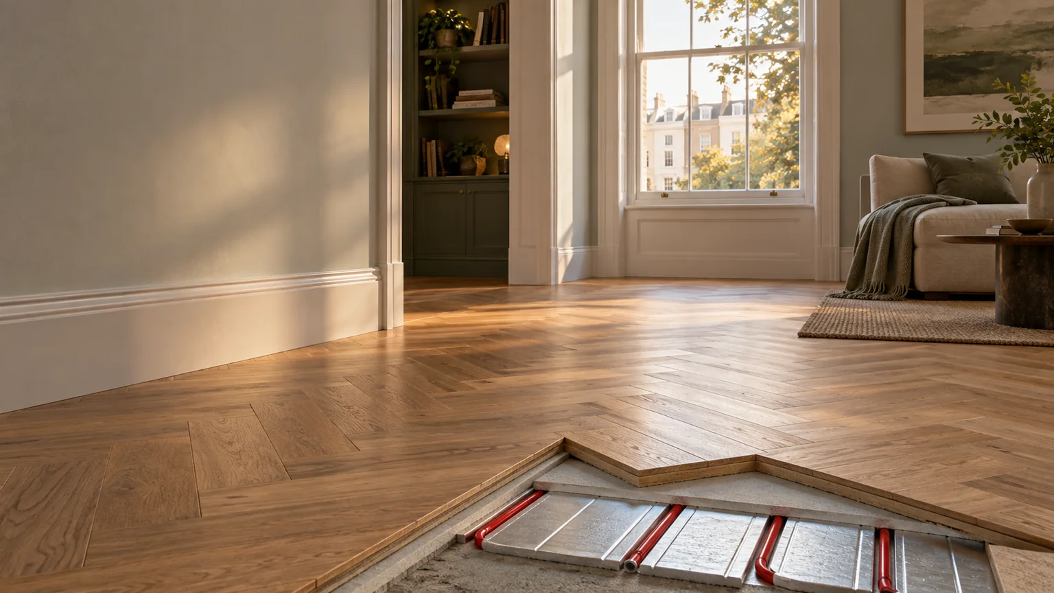 Finished herringbone timber floor with an underfloor heating construction detail revealed at the edge