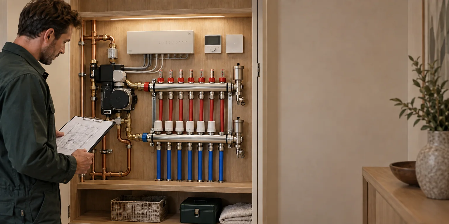 Heating engineer beside a complete underfloor heating manifold and controls package