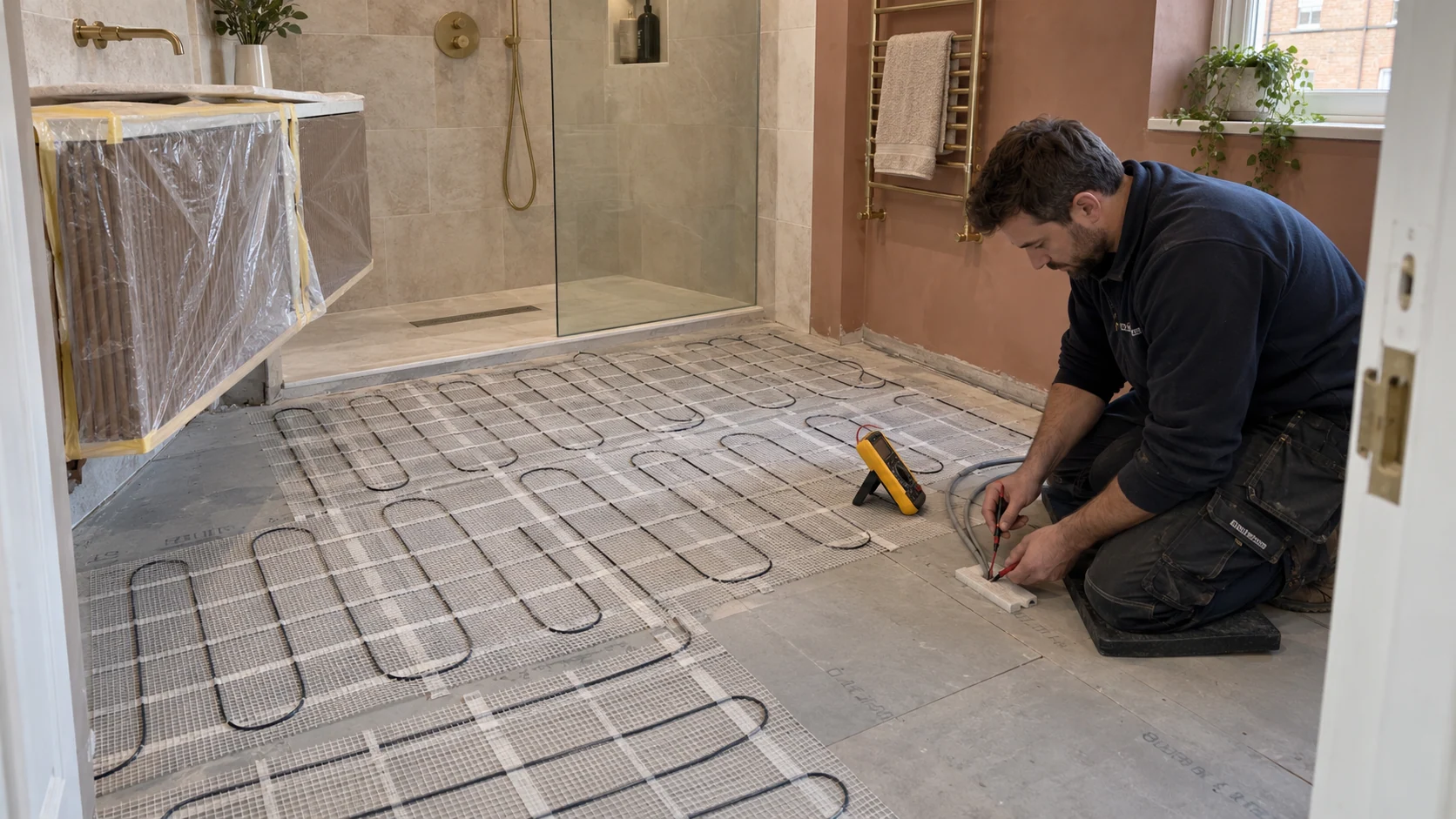 Electrician checking bathroom underfloor heating leads with a yellow meter before the floor is tiled