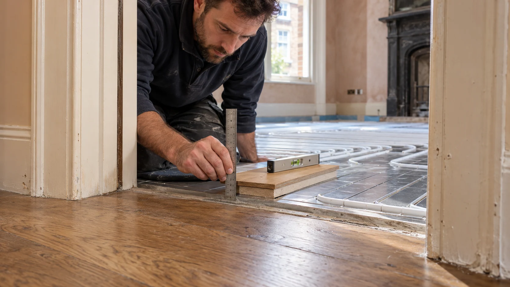 Installer measuring the height difference between a retained timber floor and an underfloor heating build-up at a doorway
