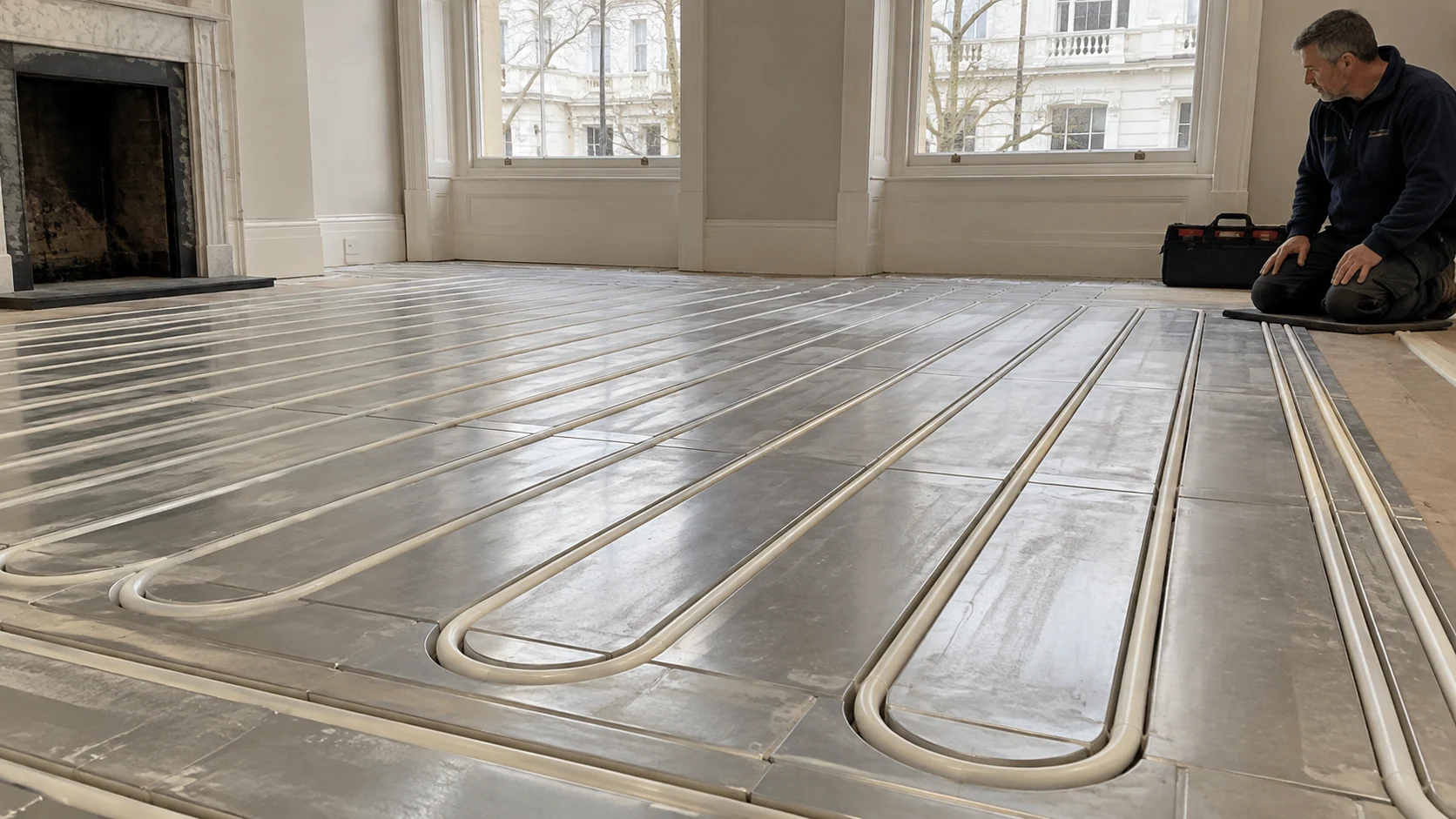 White underfloor heating pipe seated in aluminium-faced low-profile panels in a period apartment