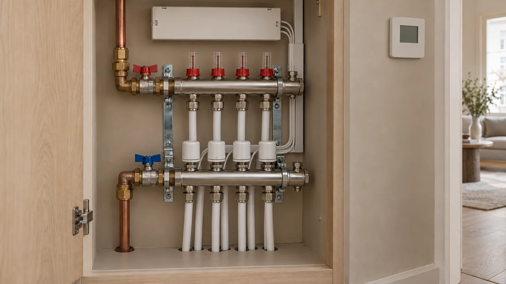 Accessible four-circuit underfloor heating manifold with flow meters, actuators and enclosed zone controls