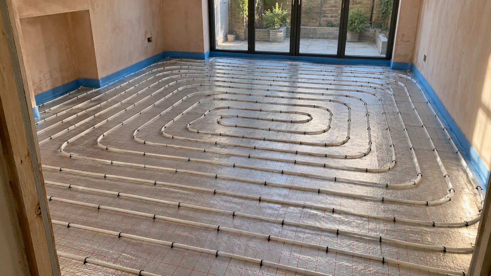 White underfloor heating pipes clipped to insulation with perimeter edging before screeding