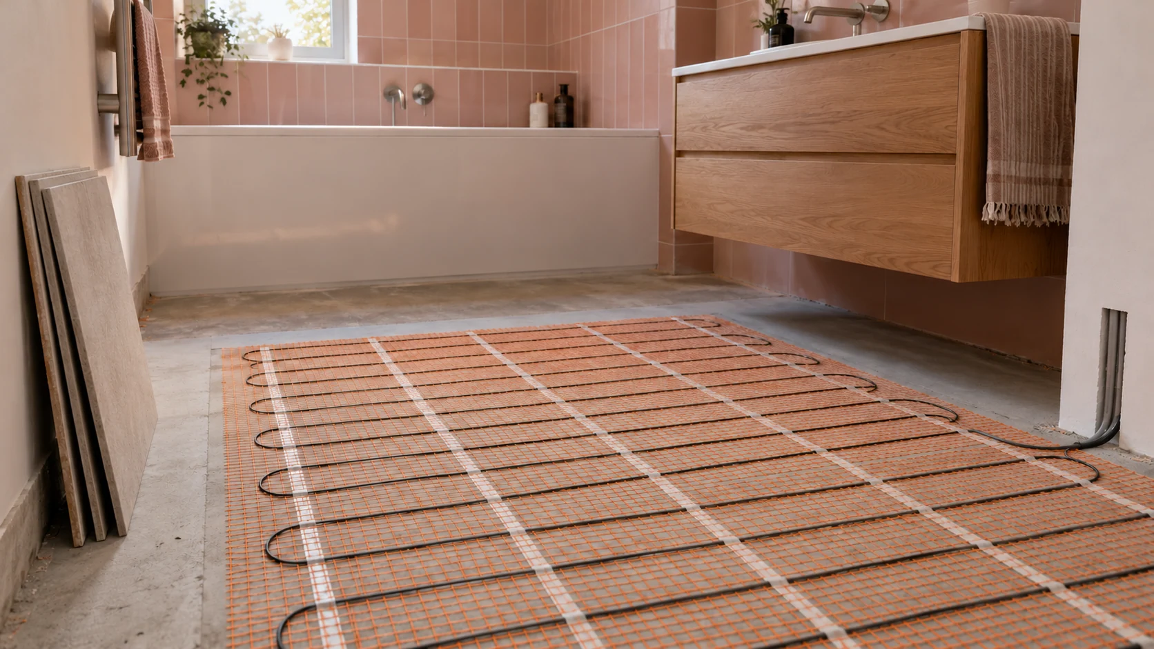 Electric underfloor heating mat laid in the clear walking area of a bathroom before floor tiling