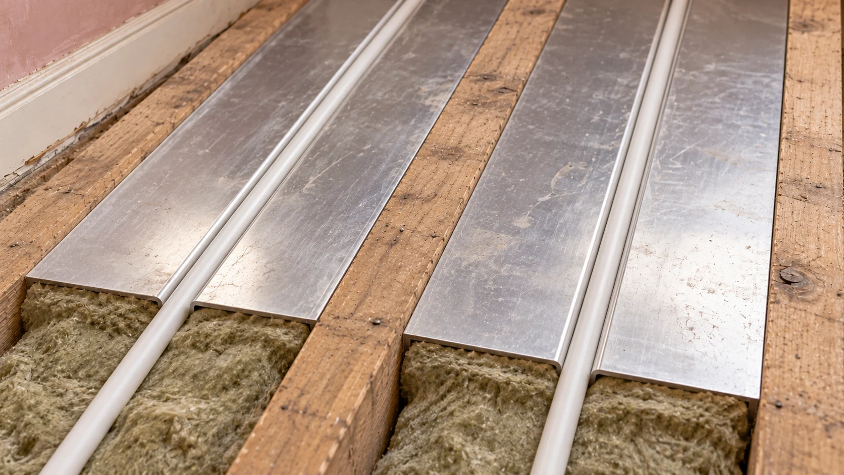 White underfloor heating pipe seated in aluminium spreader plates between timber joists with insulation beneath