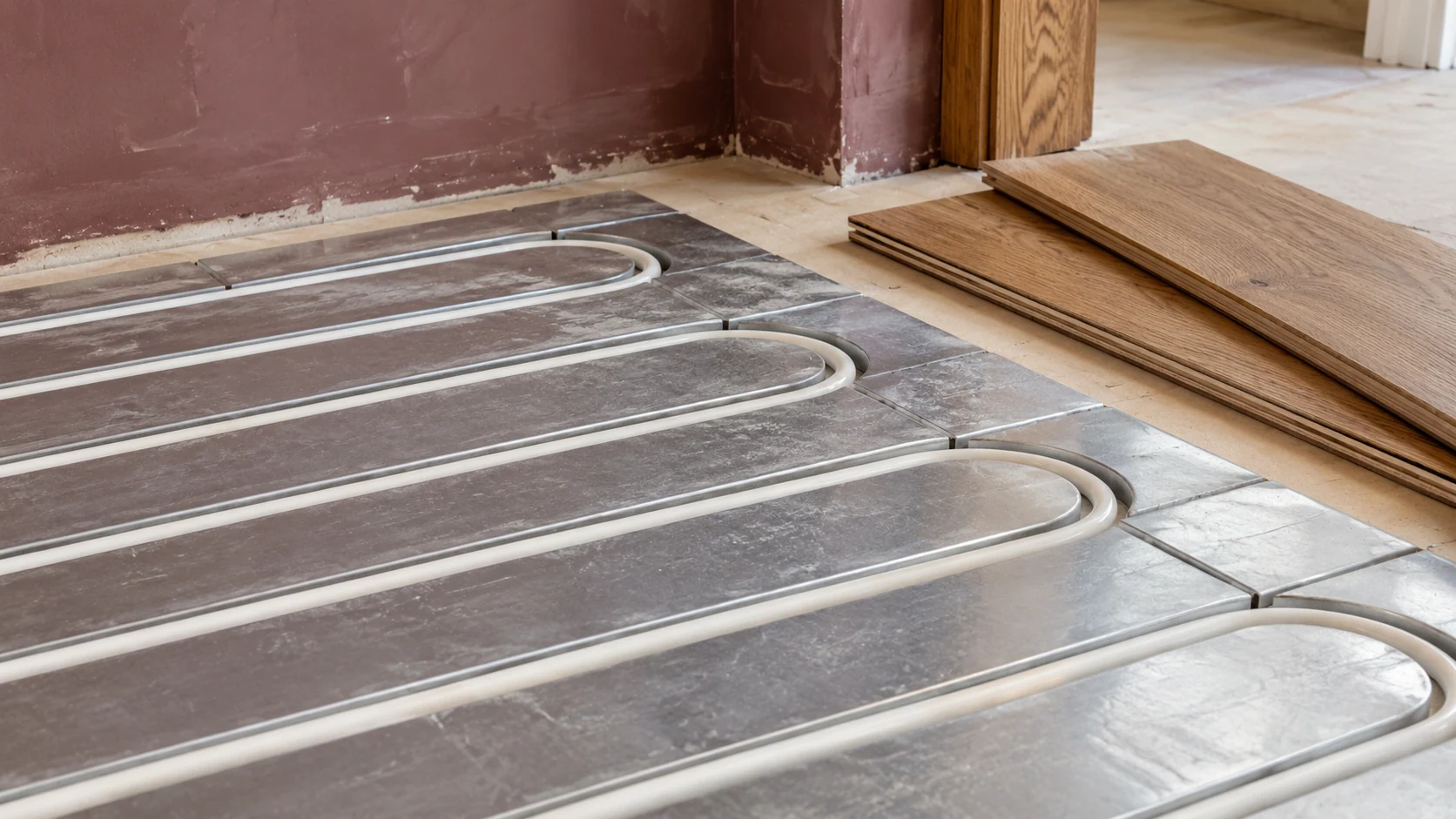 White underfloor heating pipe in low-profile panels beside an engineered oak flooring sample