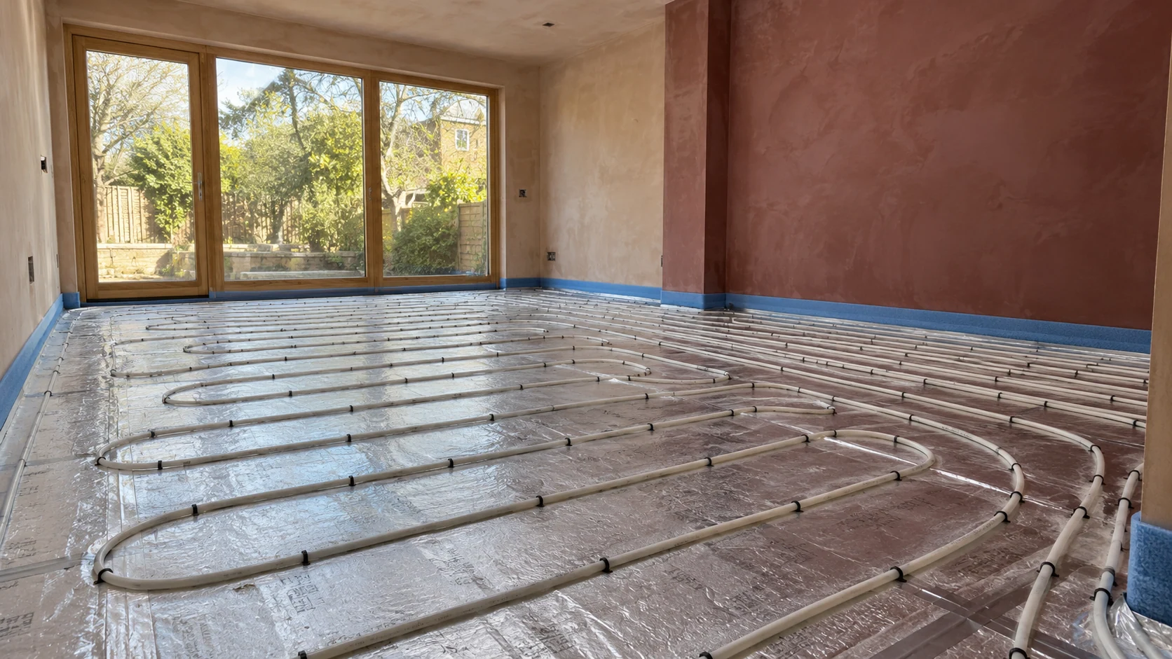 White underfloor heating loops secured over insulation before screeding in a garden extension