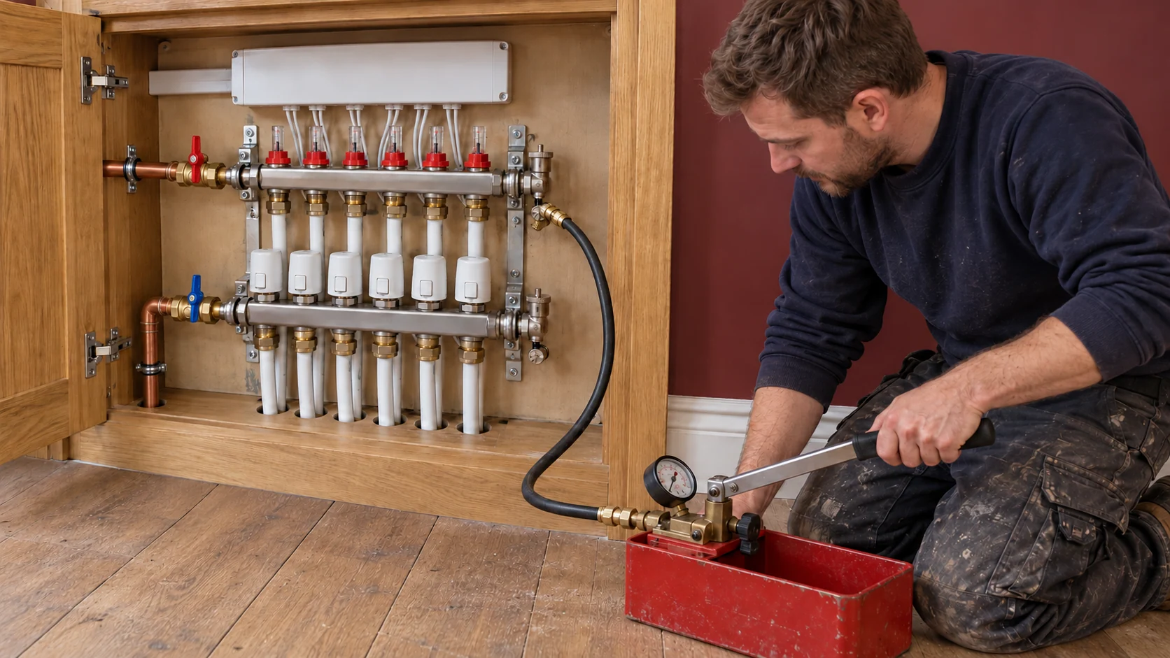 Heating engineer carrying out a hydraulic pressure test on a six-loop underfloor heating manifold