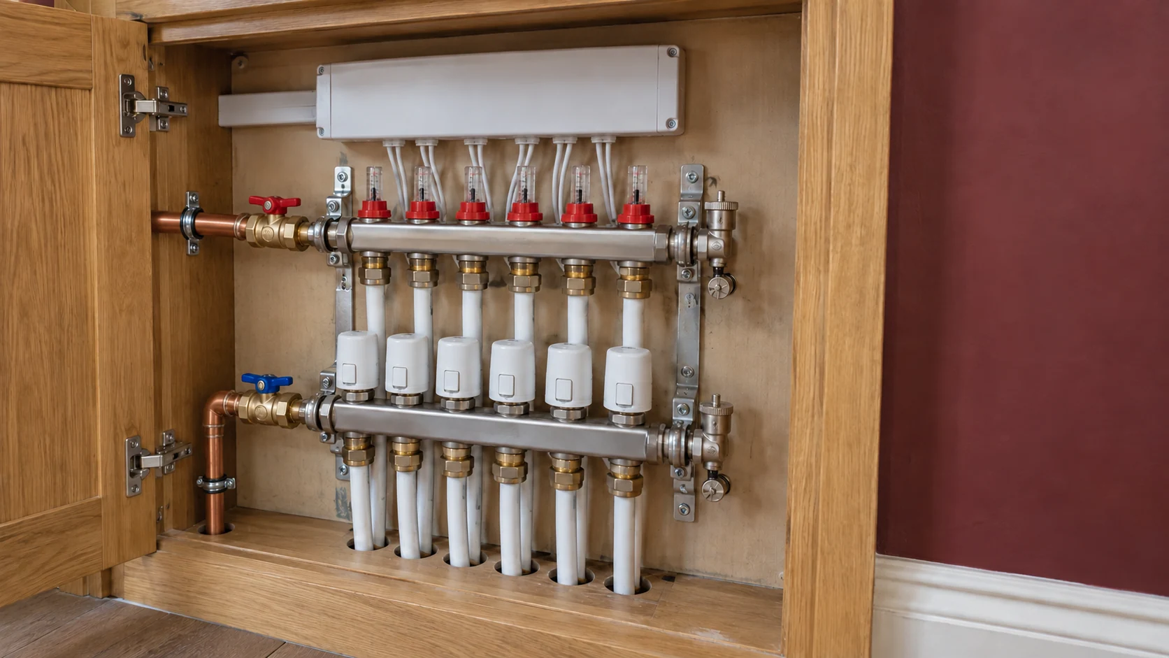 Six-zone underfloor heating manifold with flow meters, actuators and enclosed control wiring in an accessible cupboard