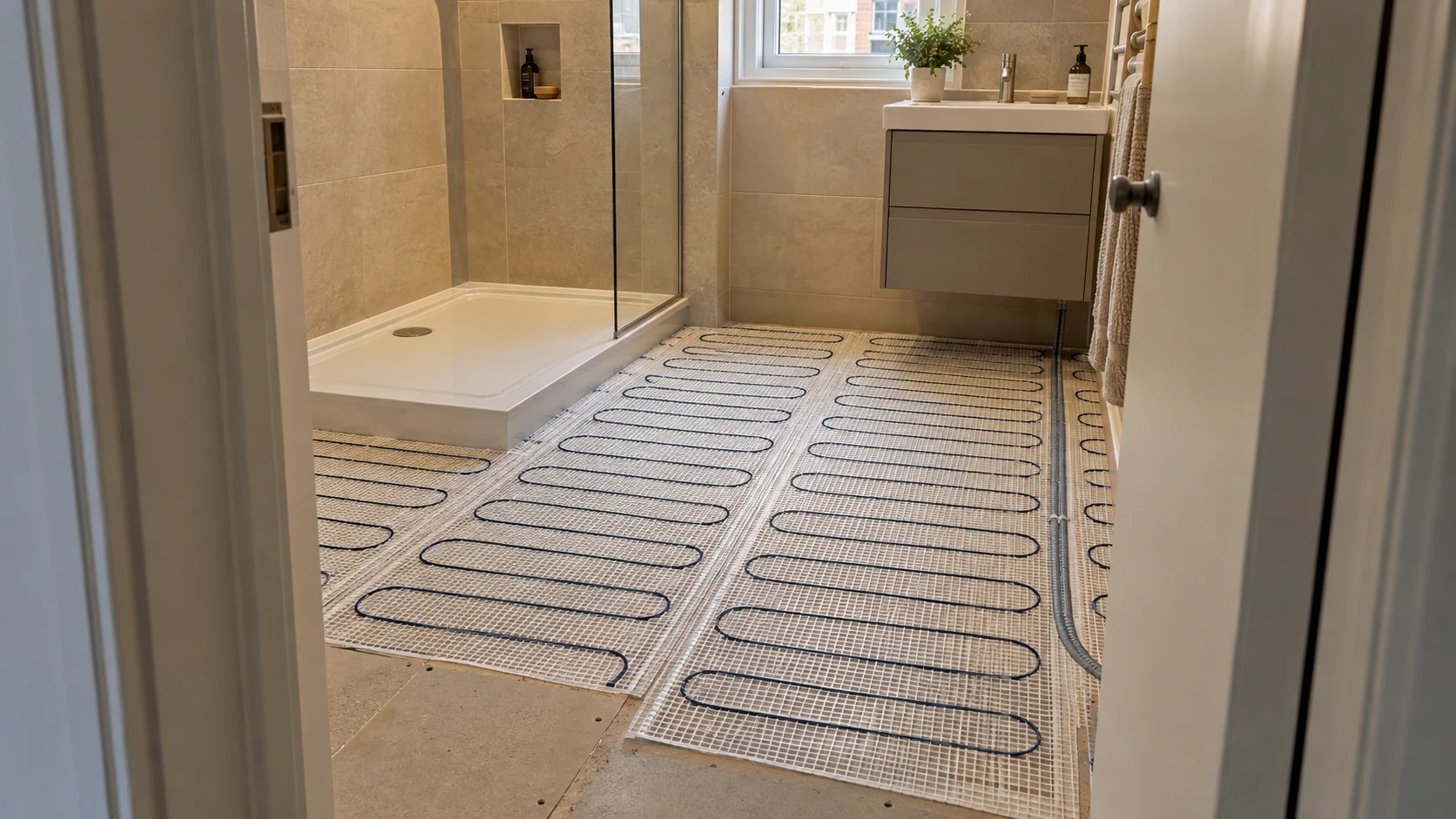 Electric underfloor heating mats laid on bathroom insulation boards beside a shower tray.