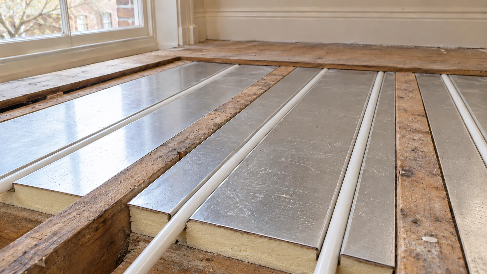 White heating pipes seated in aluminium spreader plates between timber joists above closely fitted insulation.