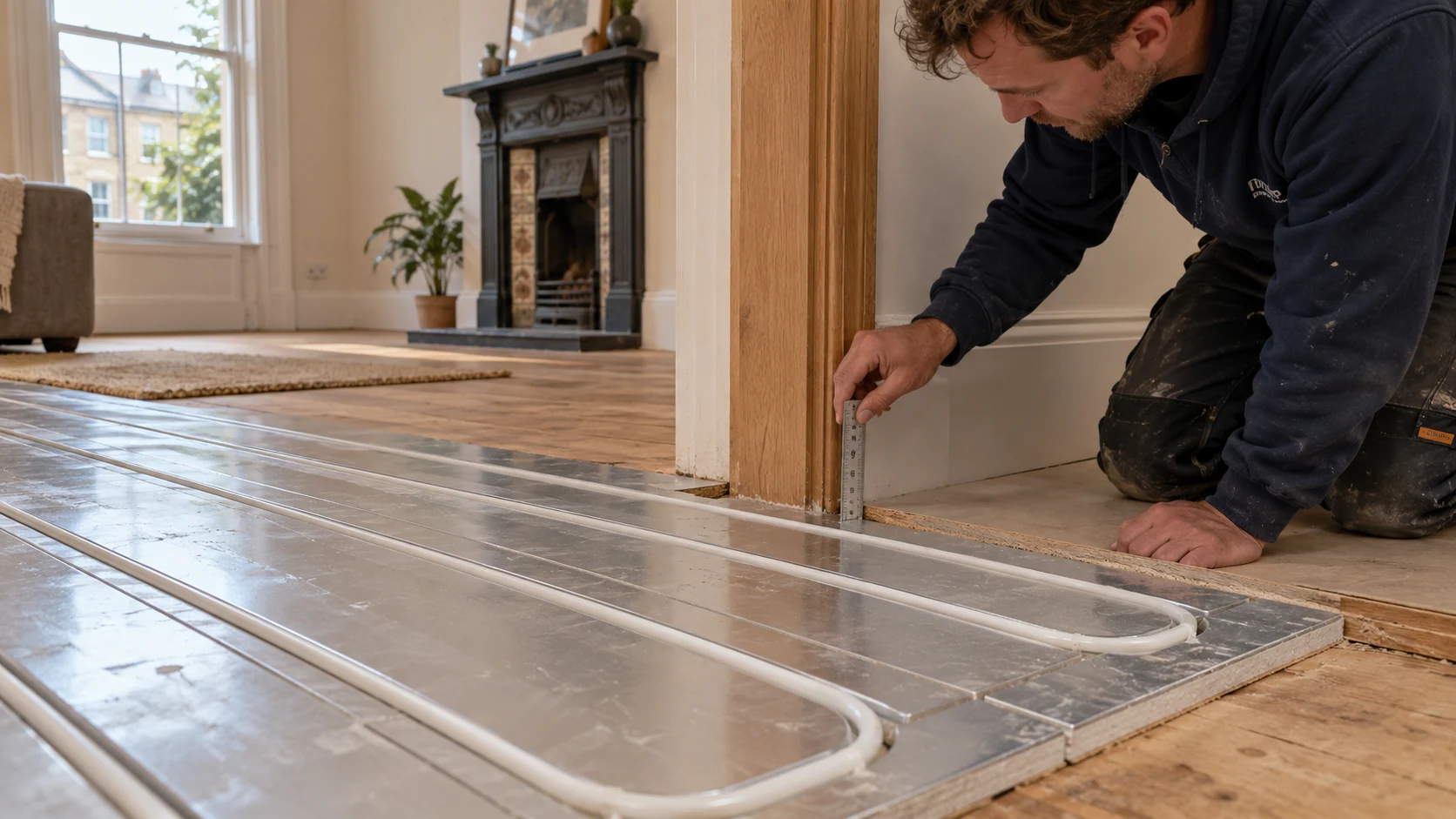White underfloor heating pipe fitted in low-profile grooved panels beside a doorway during renovation.