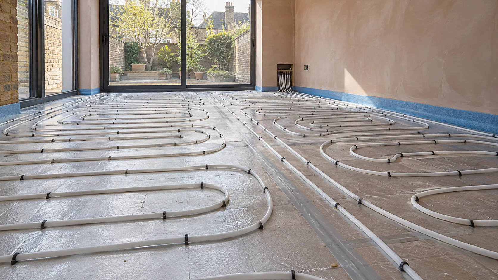 White underfloor heating loops clipped to insulated flooring in a light-filled rear extension before screeding.