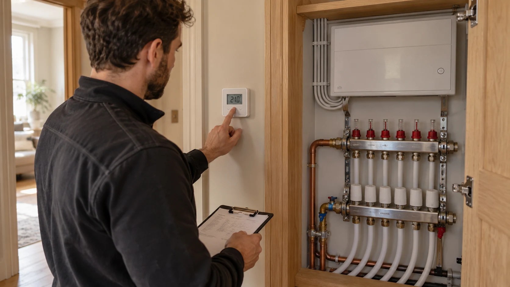 Heating engineer checking a room thermostat beside an accessible underfloor heating manifold cupboard.