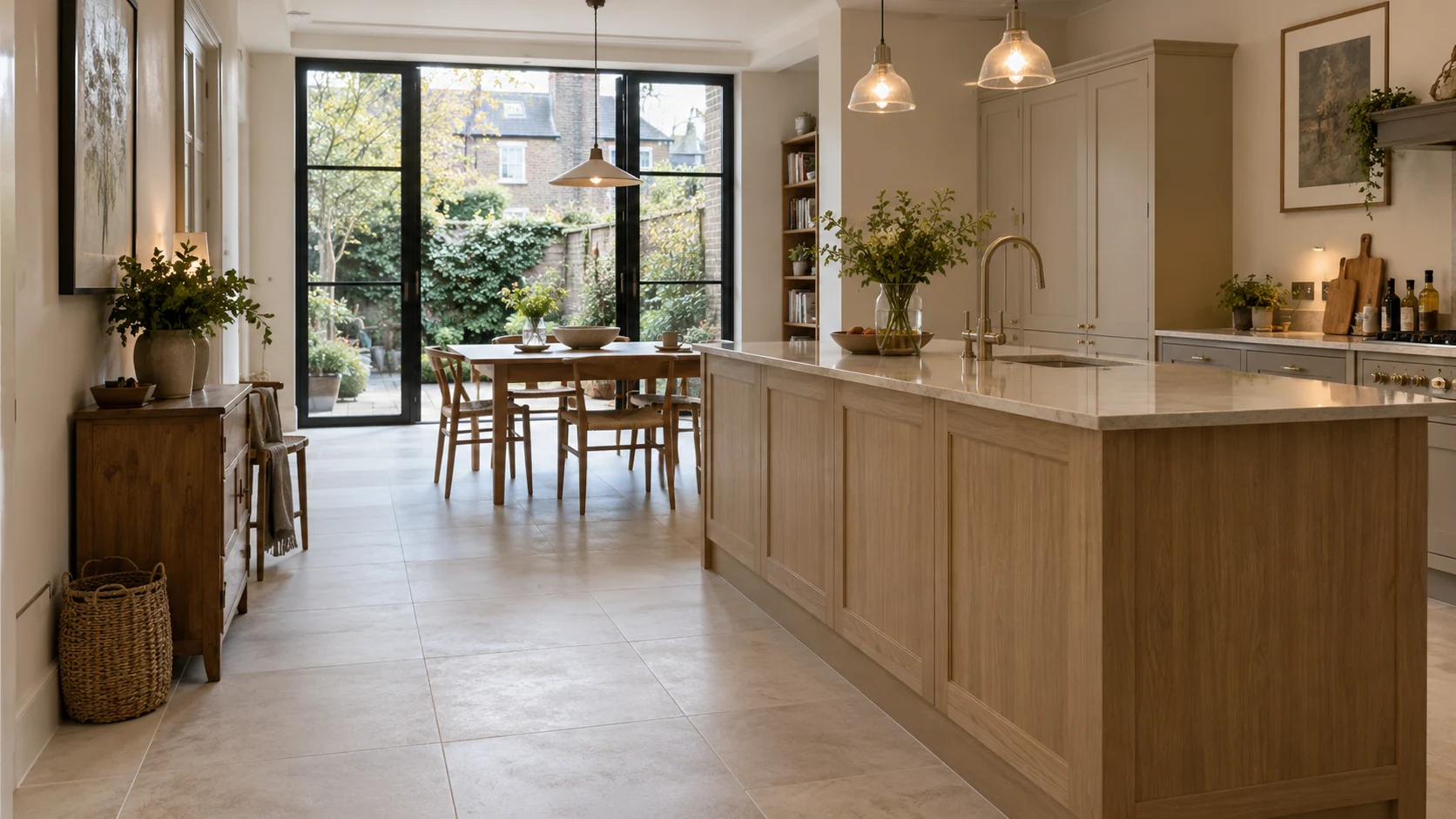 Finished London kitchen-diner with a clear stone-tiled walking area around the island and garden-facing dining space.
