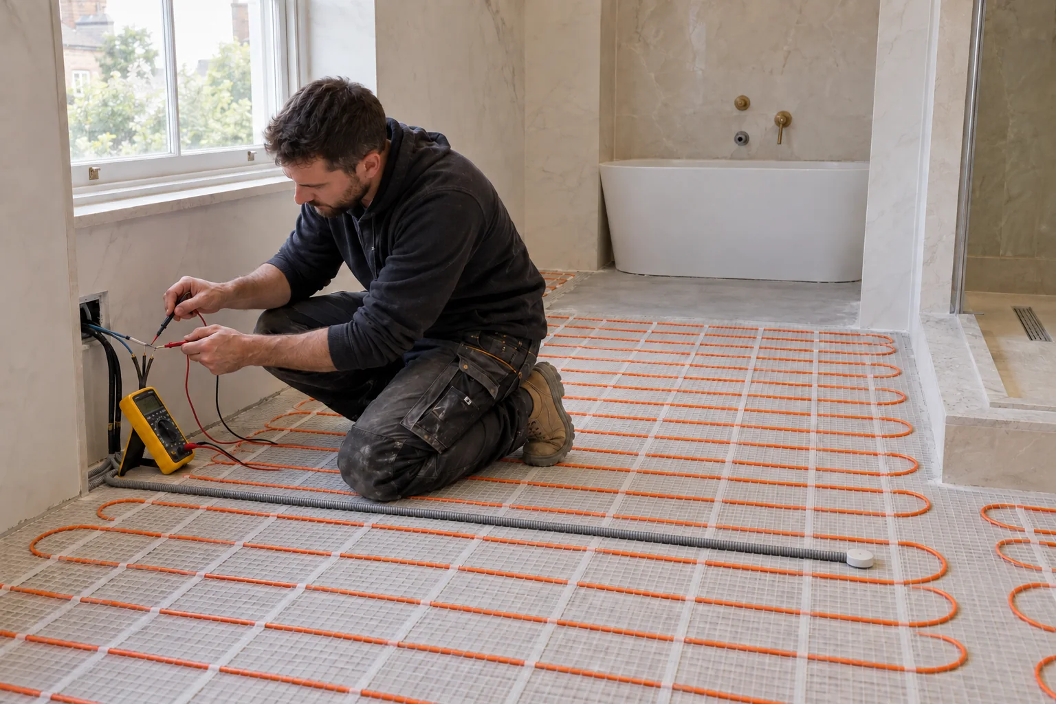 Electric underfloor heating cable and floor sensor being tested in a St John’s Wood bathroom