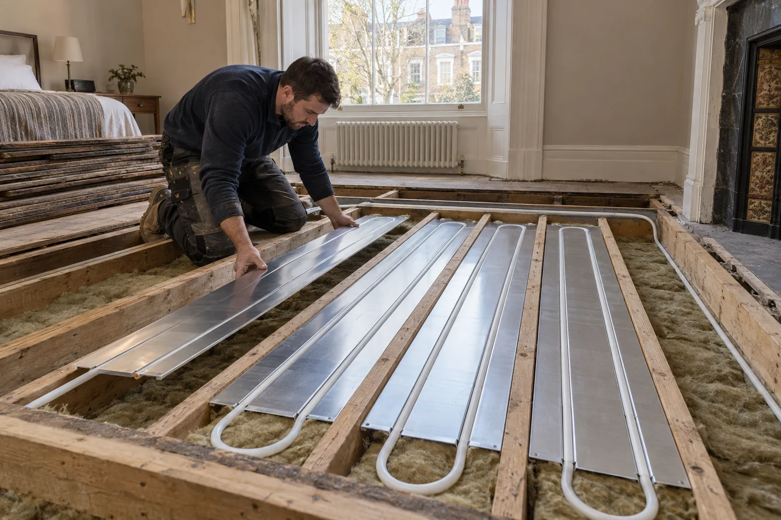 White underfloor heating pipe fitted into heat spreader plates between timber joists in St John’s Wood