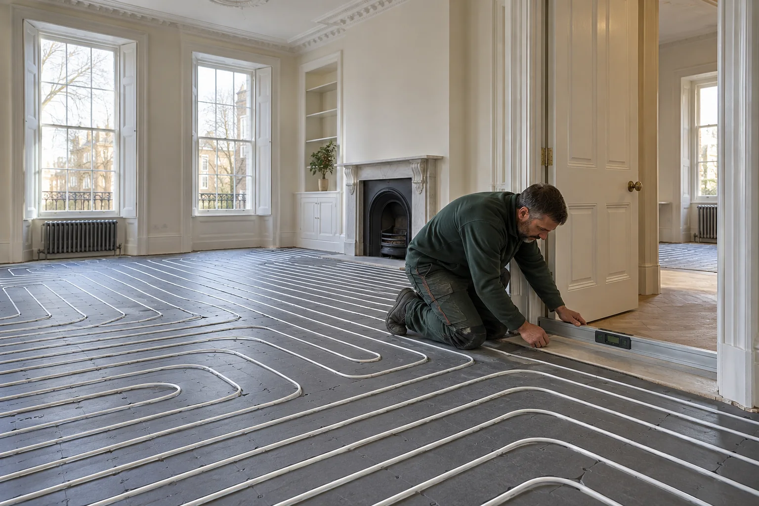 Low-profile underfloor heating panels and white pipe meeting a retained threshold in St John’s Wood