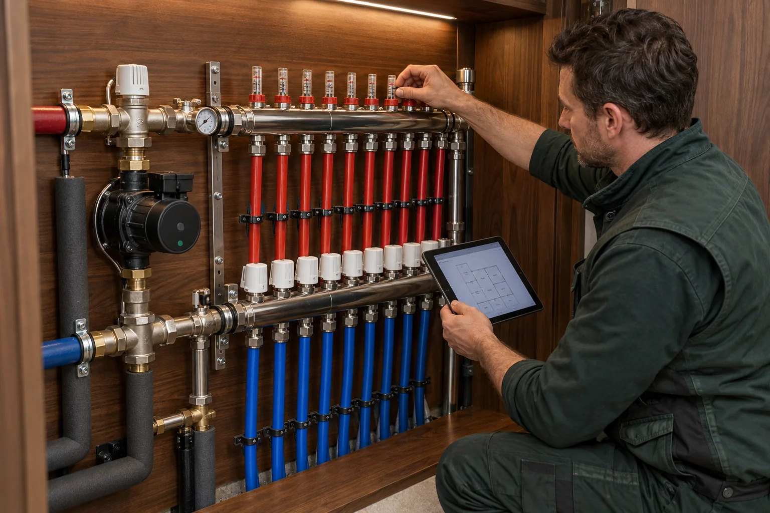 Multi-zone underfloor heating manifold with labelled circuits and controls in St John’s Wood