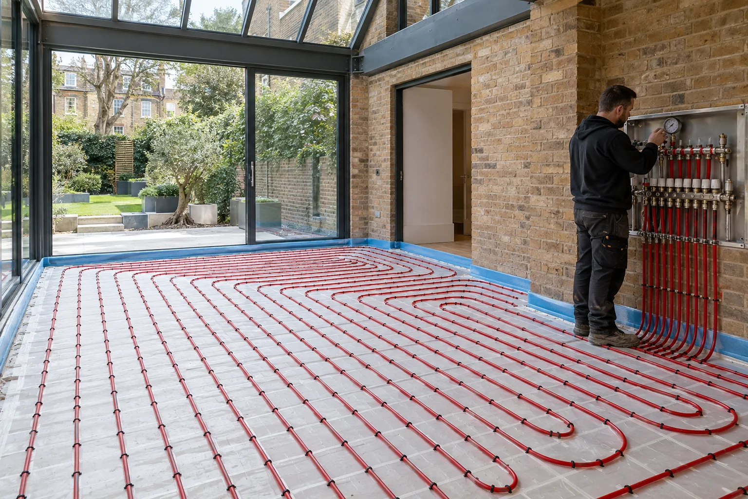White water-based underfloor heating pipe fixed over insulation before screeding in St John’s Wood