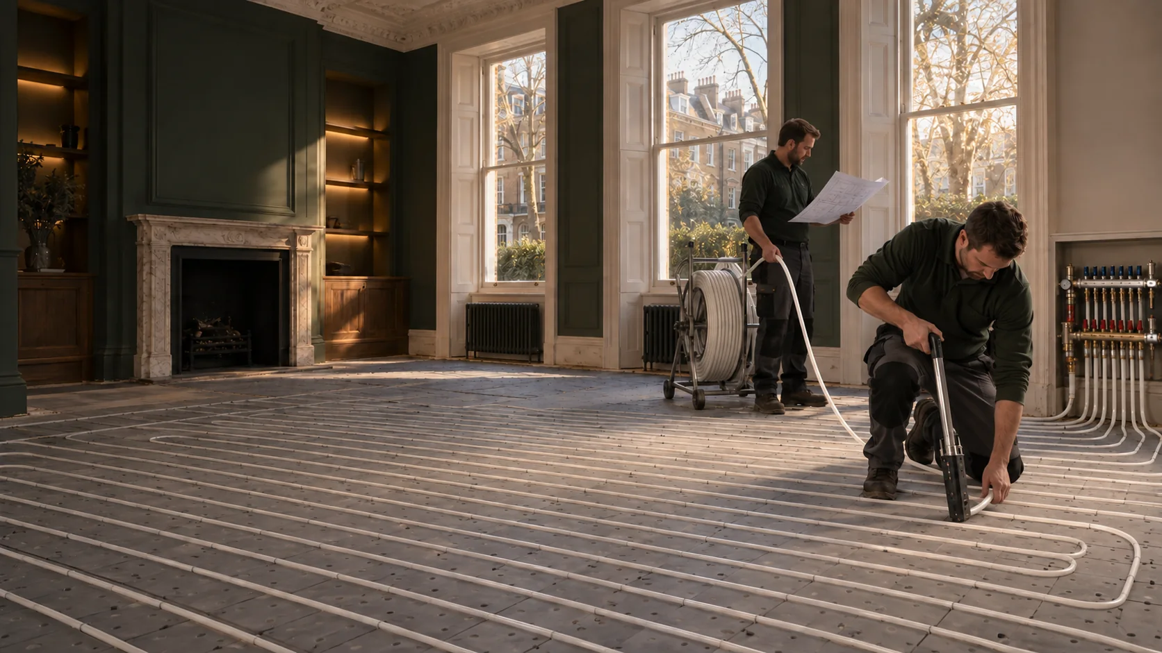 Two PEP installers fixing white underfloor heating pipe in a St John’s Wood home