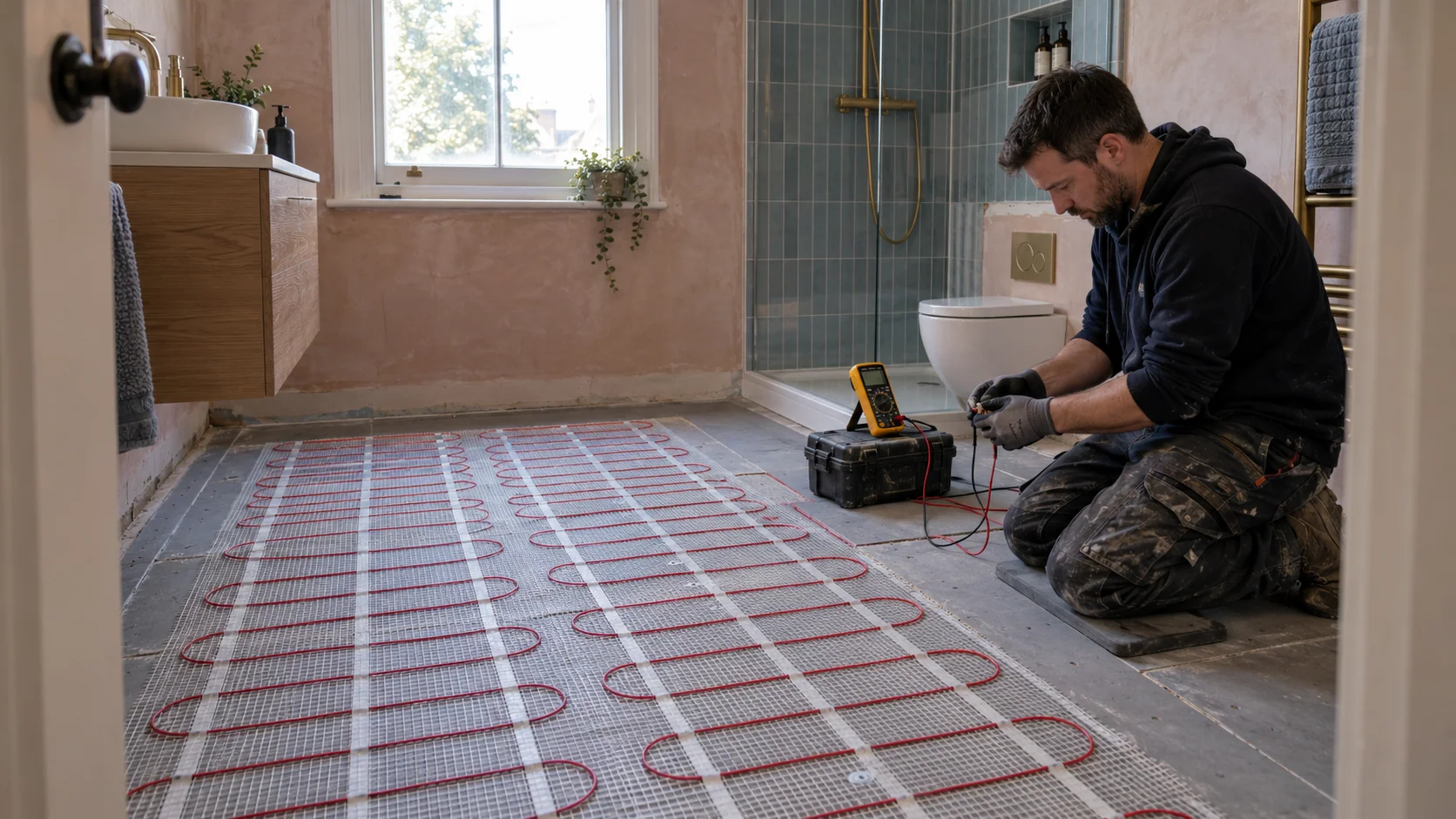 Electrician testing the isolated cold tails of an electric underfloor heating mat before the bathroom floor is tiled.