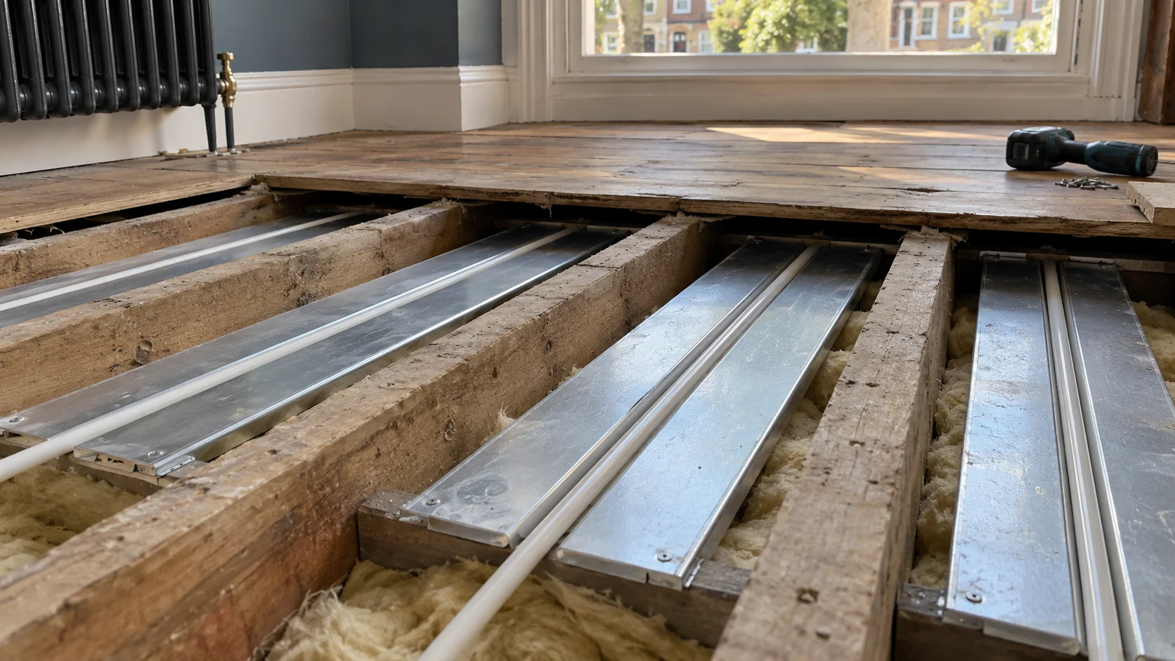 Aluminium heat-spreader plates with white heating pipes fitted between timber floor joists above insulation.