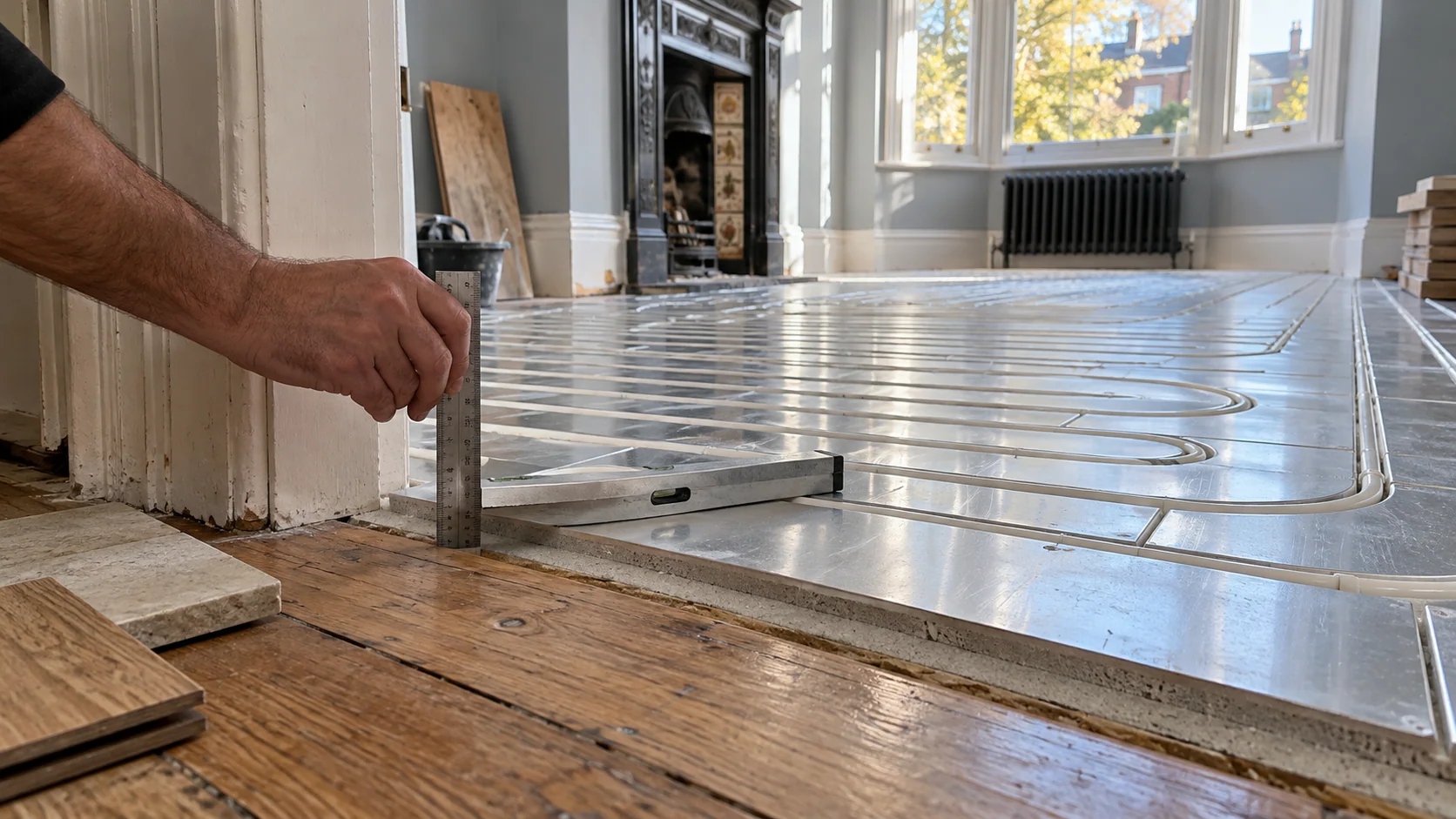 Low-profile water-based underfloor heating panels beside an existing timber doorway during a home renovation.