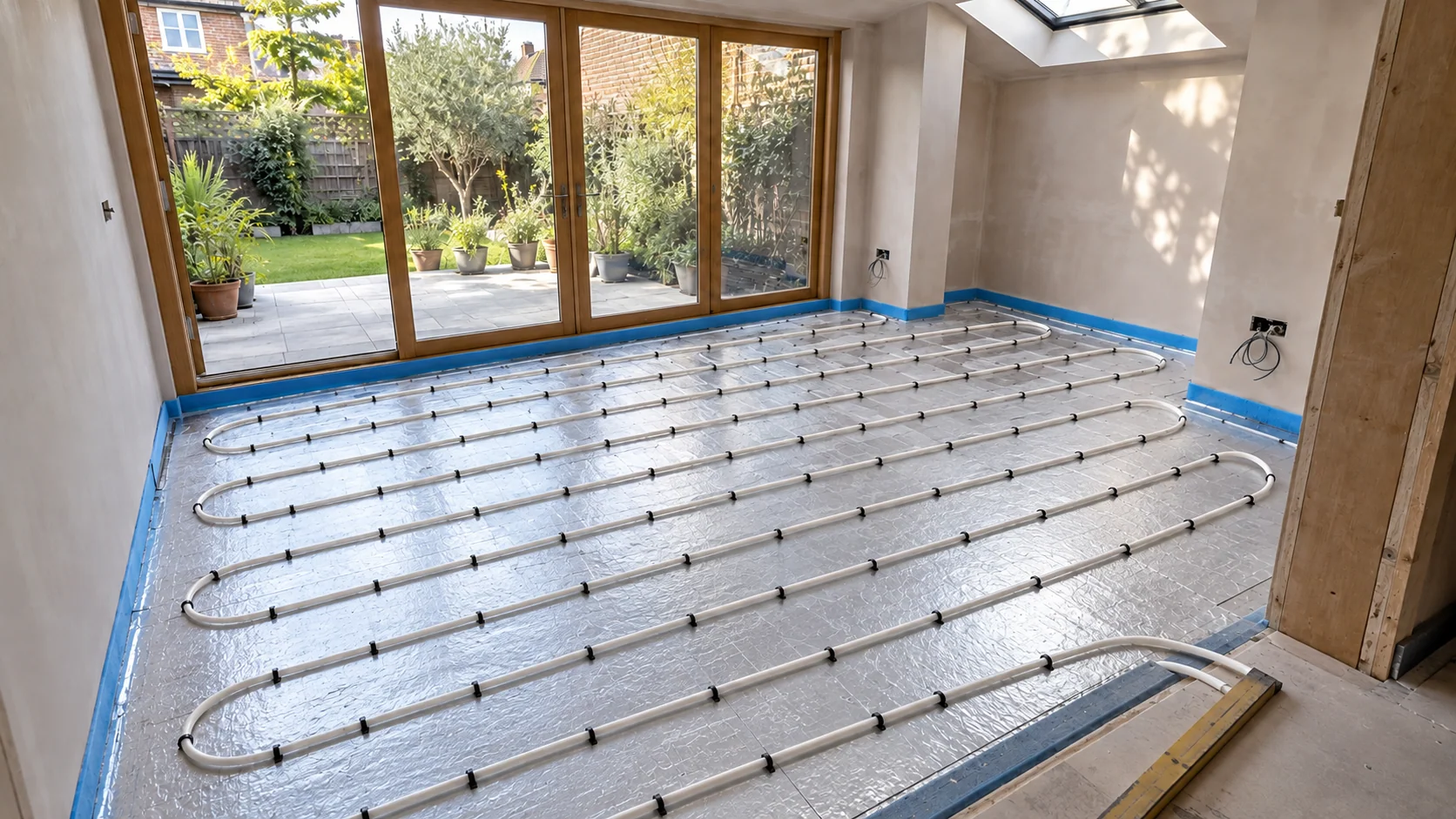 White underfloor heating pipes clipped over insulation in a rear extension before screeding.